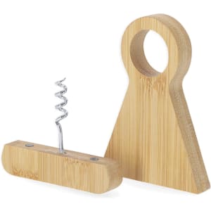A drink bottle opener and corkscrew made of bamboo, featuring a wooden handle and a metal spiral corkscrew.