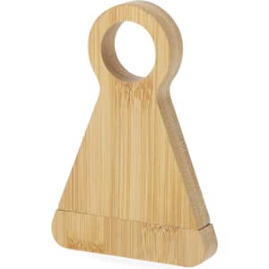 A bamboo corkscrew with a triangular design and a circular hole at the top. It features a logo on the surface.