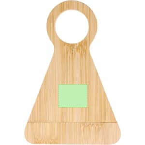 A drink bottle opener made of bamboo in a triangular shape featuring a keyring hole and a green patch.