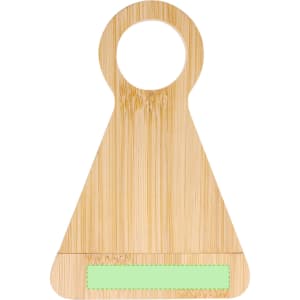 A drink bottle opener made of bamboo, featuring a circular handle and a green base. It has a branding logo.