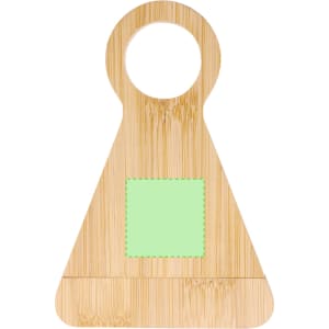 A bamboo bottle opener in a triangular shape with a circular handle and a green square section. It features a logo.