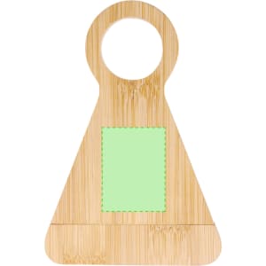 A drink bottle opener made of bamboo, featuring a circular handle and a green rectangular area for customization.