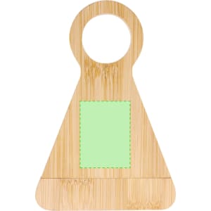 A bamboo bottle opener in a triangular shape with a circular handle and a green area. Contains a branding logo.
