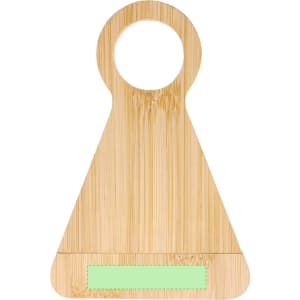 A drink bottle opener in a triangular bamboo design with a circular handle and a green accent panel.