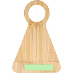 A drink bottle opener with a circular handle and triangular bamboo design featuring a green accent. It includes a logo.