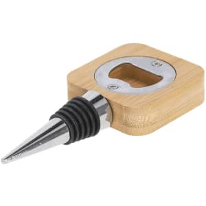 A drink bottle opener made of bamboo and stainless steel, featuring a sleek design and a rubber stopper.