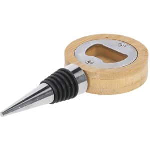 A drink bottle opener featuring a bamboo handle, stainless steel top, and a rubber stopper for easy use.