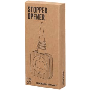 A drink bottle stopper opener in a brown box, featuring a simple design and a logo.