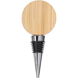 A drink bottle opener with a round bamboo top and a silver metal base. Suitable for promotional use.
