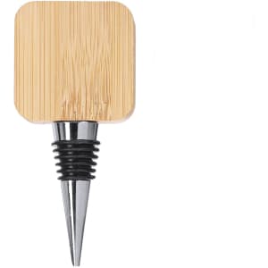 A drink bottle opener featuring a bamboo top and a silver metal base, with a sleek design and a logo.