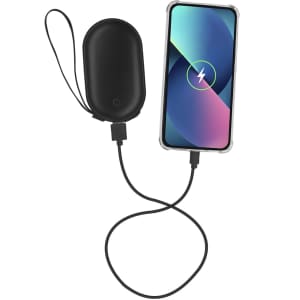A black Geax Power Bank Hand Warmer connected to a smartphone via a cable, with a charging indication on the screen.