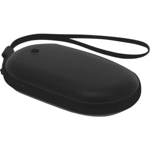 A black Geax Power Bank Hand Warmer with a smooth, oval shape and a wrist strap.