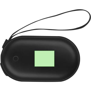 A black Geax Power Bank Hand Warmer with a green indicator and a hanging strap. It features a logo on the surface.