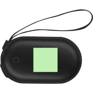 A black power bank hand warmer with a green square display and a wrist strap. It features a logo.