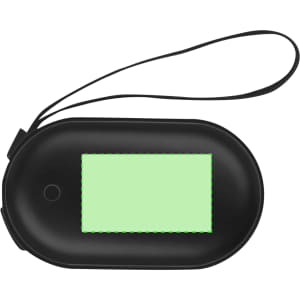 A black Geax Power Bank Hand Warmer with a green display and a black strap. It features a logo on the surface.