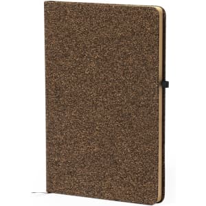 A brown notepad with a textured cover and a black elastic band for closure, featuring a simple logo.