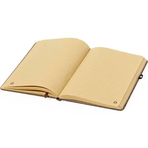 A brown notepad with an open spine, featuring lined, yellowish pages. It includes a small ribbon marker.