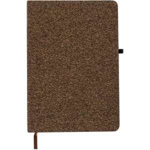 A brown notepad with a textured cover and a ribbon bookmark, featuring a logo on the front.