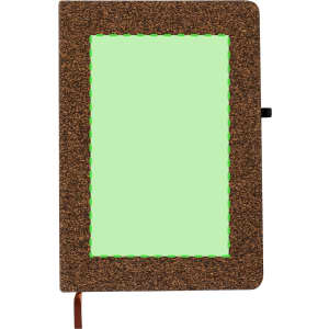 A notepad with a brown textured cover and a green inner page, featuring a branding logo on the front.