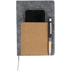 A grey notepad with a cork pocket, featuring a smartphone and a pen attached.