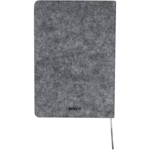 A grey notepad with a textured cover and a ribbon bookmark. It features a logo on the front.