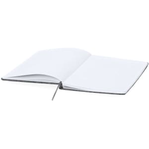 A notepad with lined pages, featuring a black cover and a ribbon bookmark, opened to display its contents.