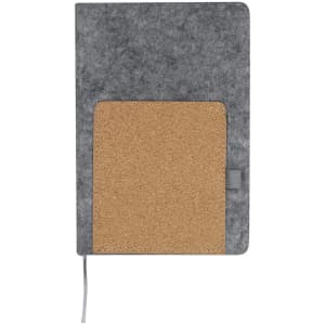 A grey notepad with a cork pocket, featuring a grey ribbon bookmark and a simple design.