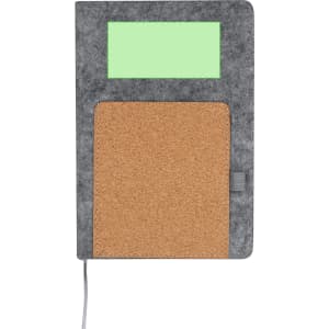 A grey felt notepad with a cork pocket and a green section at the top, featuring a closure.