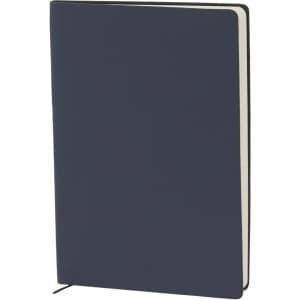 A navy blue notepad with a sleek cover and a ribbon bookmark. It features a logo on the front.