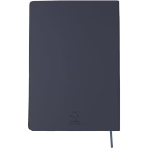 A navy notepad with a smooth cover, featuring a logo and a bookmark ribbon. Perfect for office use.