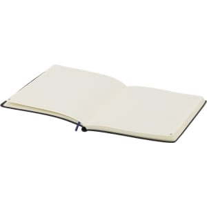 A black notepad with cream-coloured lined pages, opened to display two blank pages and a ribbon marker.