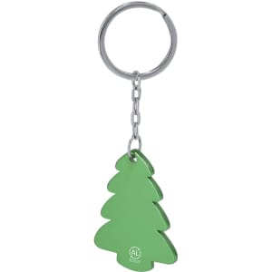 A green tree-shaped keyring with a metal keychain and a branding logo on the surface.