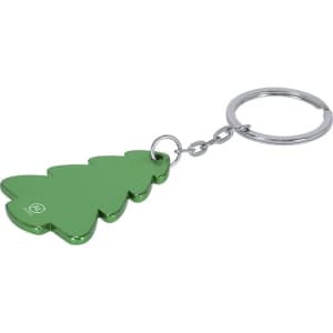 A green tree-shaped keyring with a shiny finish attached to a silver metal ring.