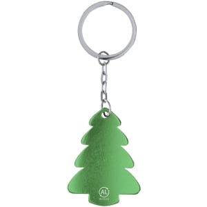 A green tree-shaped keyring made of metal with a round keyring attachment and a logo.