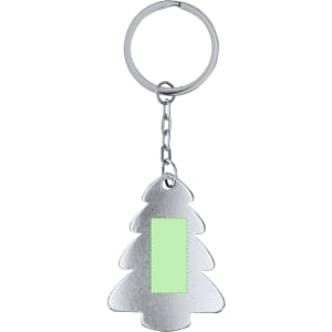 A silver keyring shaped like a Christmas tree, featuring a blank green area for customisation.