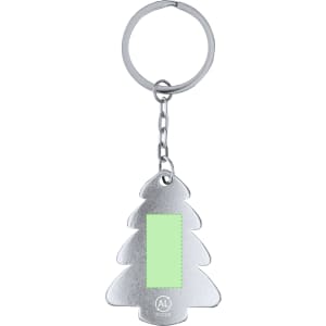 A silver keyring shaped like a Christmas tree with a green rectangular section. It features a chain attachment.