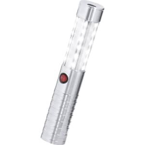 A silver LED stick with a textured grip and a red button, featuring multiple bright LED lights.