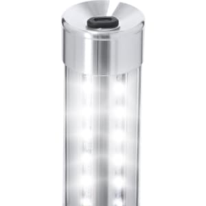 A clear LED stick with a silver top, featuring multiple bright LED lights and a USB charging port.