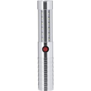 A silver LED stick with a cylindrical design, featuring multiple light segments and a red switch.
