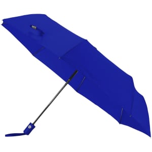 A blue umbrella with a black handle and a small logo, designed for leisure and outdoor use.