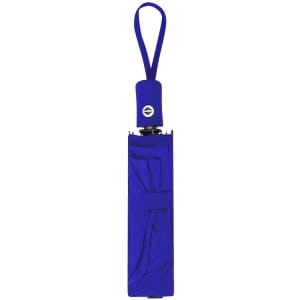 A blue umbrella with a strap and a logo, neatly folded and ready for use.