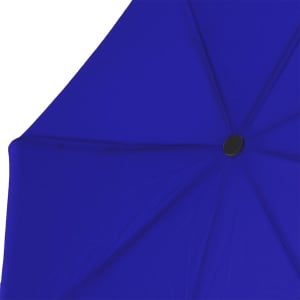 A blue umbrella with a black centre button, featuring a simple design and smooth fabric surface.