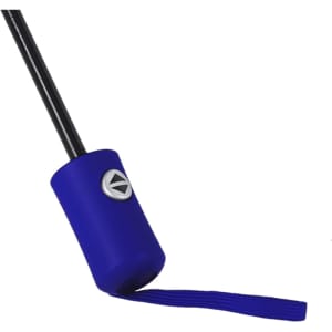 A blue umbrella handle with a black shaft and a strap, featuring a round logo on the handle.