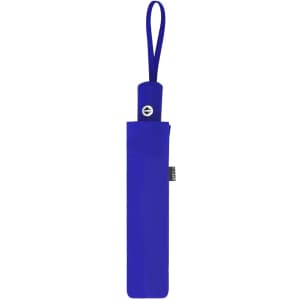 A blue umbrella stored in a matching protective sleeve, featuring a handle loop and a logo.
