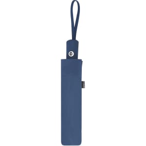 A blue umbrella in a matching sleeve with a handle and a logo. Ideal for leisure and outdoor use.