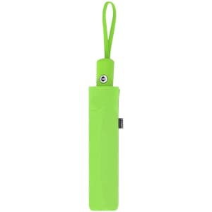 A green umbrella with a matching storage sleeve and a carrying handle, featuring a logo.