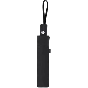 A black umbrella with a sleek design, featuring a logo and a convenient carrying strap.