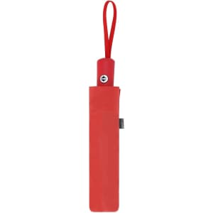 A red Santana umbrella in a matching sleeve with a loop handle. Features a logo on the handle.
