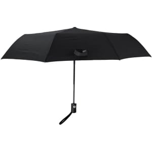 A black Santana umbrella with a handle and a strap, featuring a logo. Ideal for leisure and outdoor use.