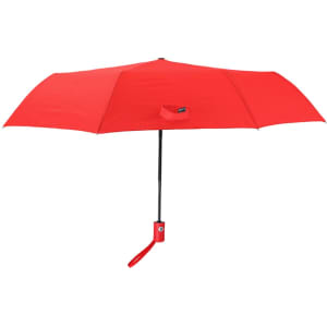 A red Santana umbrella with a black handle and a strap, featuring a small logo.